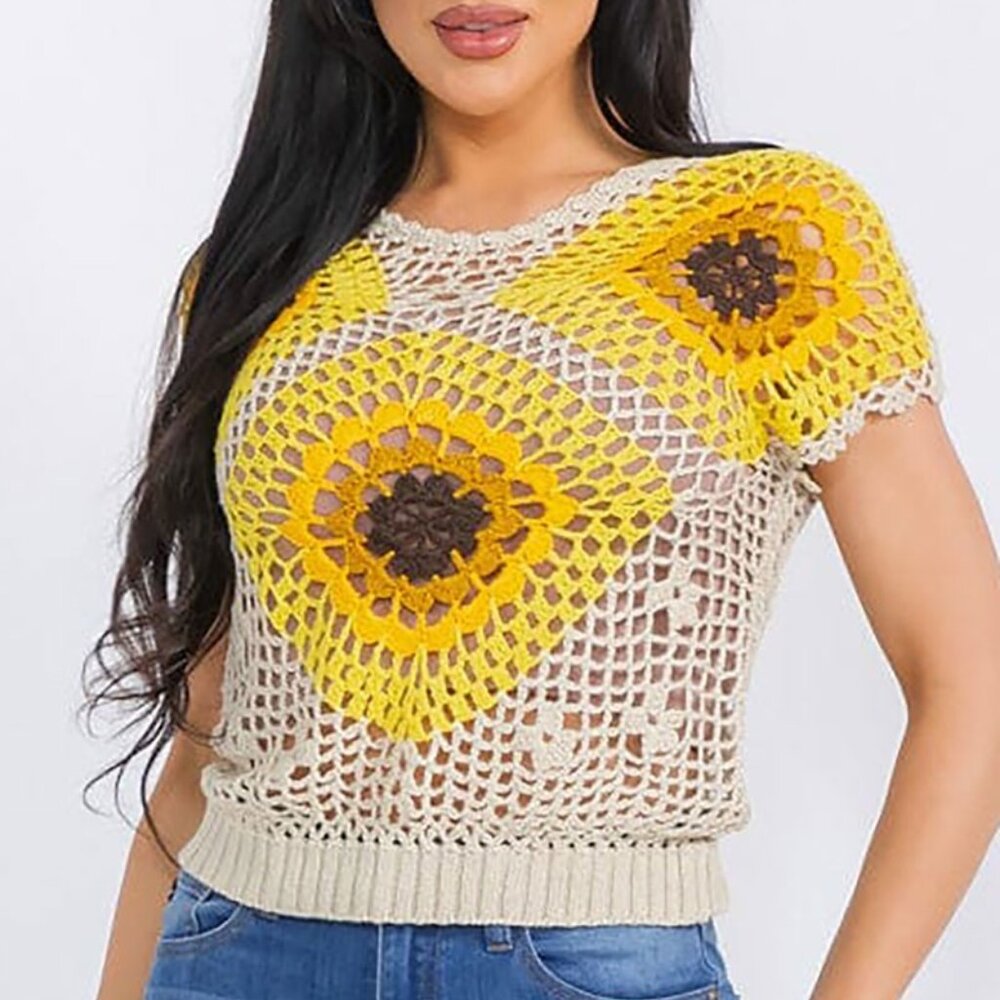 *$12 START* 3-0329 Crochet Knit 70s sunshine Daisy Crop Top